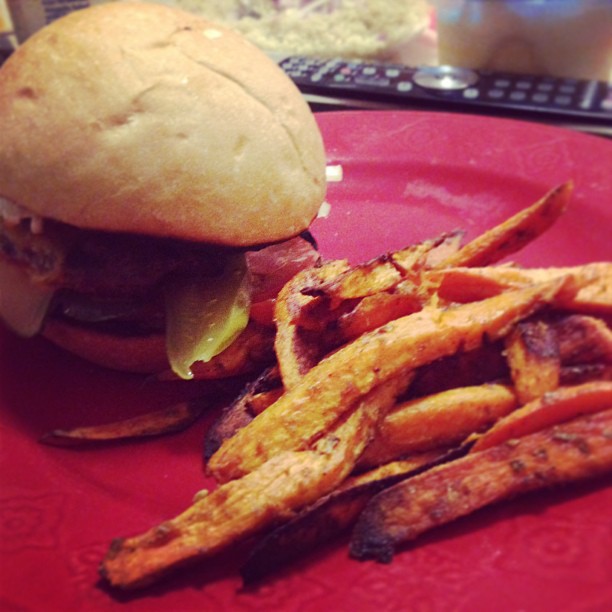 BBQ burgers and oven sweet potato fries for dinner tonight. It was delish. @mbspurlock does amazing in the dinner department.